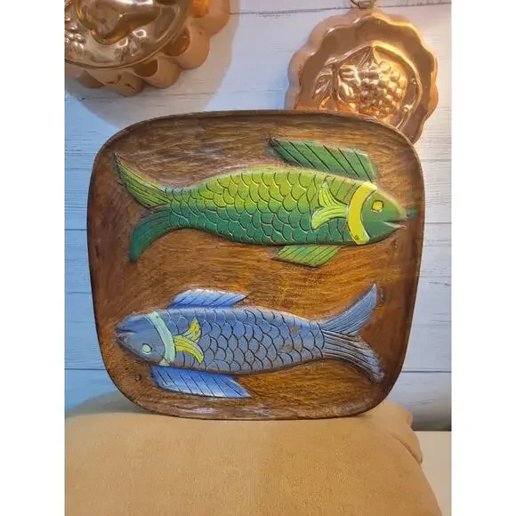 Carved Teak? Wood Tray Fish Wall Haitian Art Marked "The Red Carpet" - Picture 3 of 8